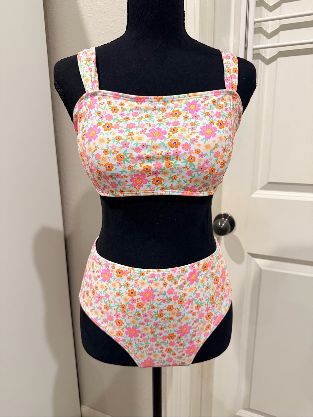 SHEIN Pink Orange Floral High-Waist Bikini Set